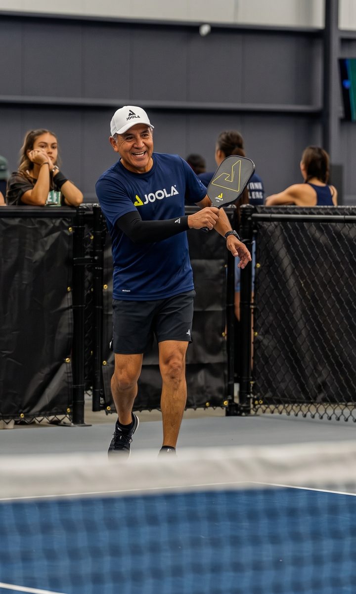 A smiling player in a white cap and navy shirt walks the court with his paddle while players watch from the rail