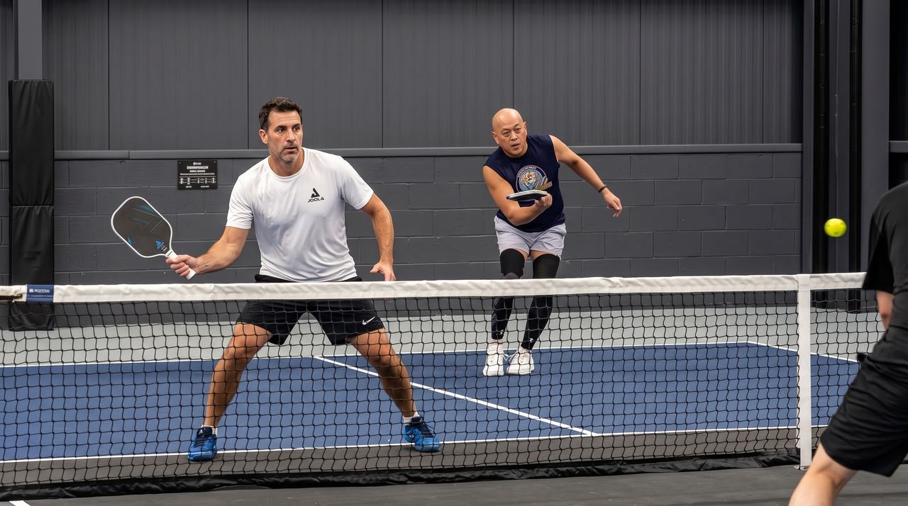 Two players rallying at the net on an indoor court at Greystone Pickleball Club