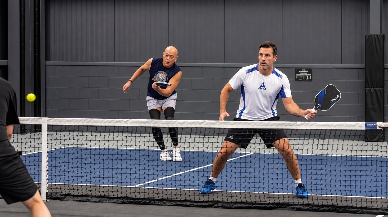 Two players rallying at the net on an indoor court at Greystone Pickleball Club