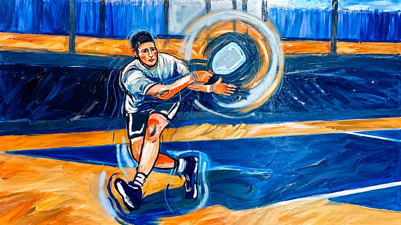 Painting of a pickleball player lunging for a volley on a blue court